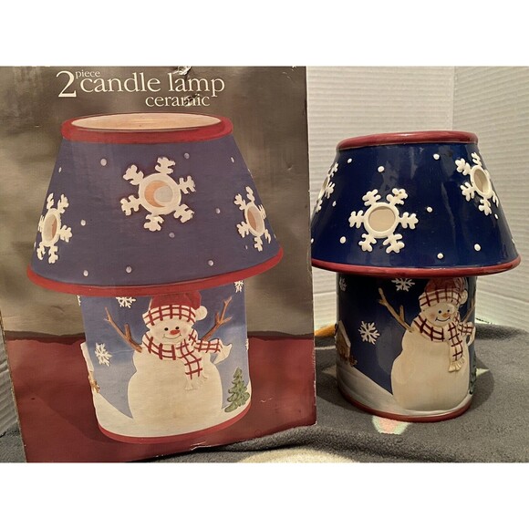 LARGE CERAMIC BLUE SNOWFLAKE AND SNOWMAN SHADE & JAR HOLDER Preowned) - Picture 1 of 6